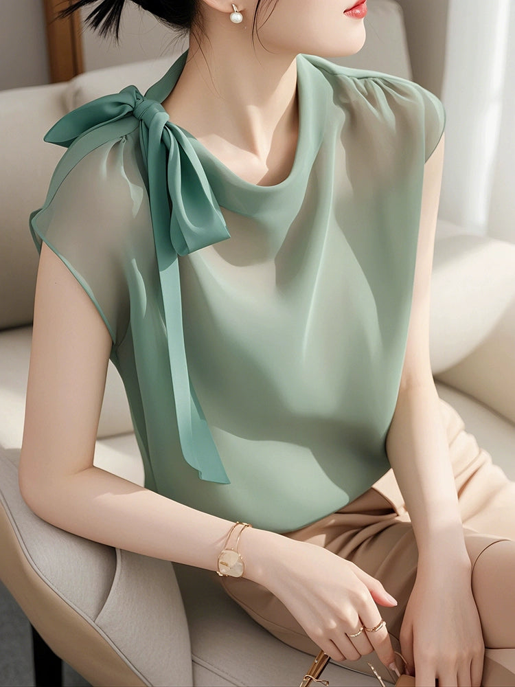 Green Chiffon Bow Blouse – Slim Fit Summer Top
