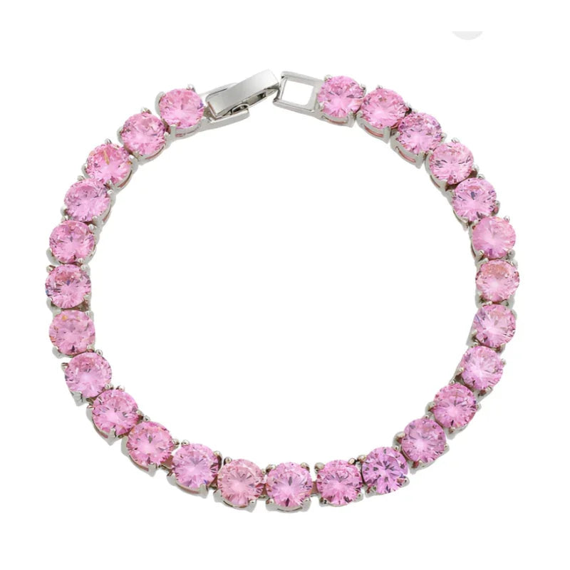 Pink CZ Crystal Tennis Bracelet | Silver Plated