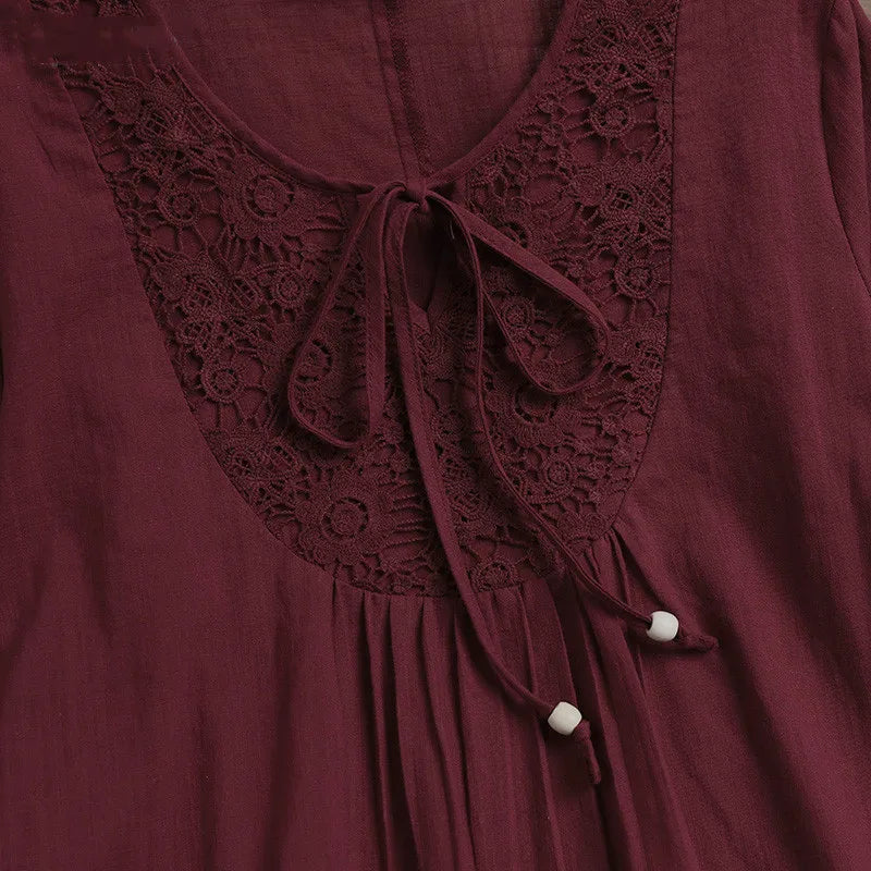 Cotton Linen Lace Splice Top – Women’s 3/4 Sleeve Casual Tunic