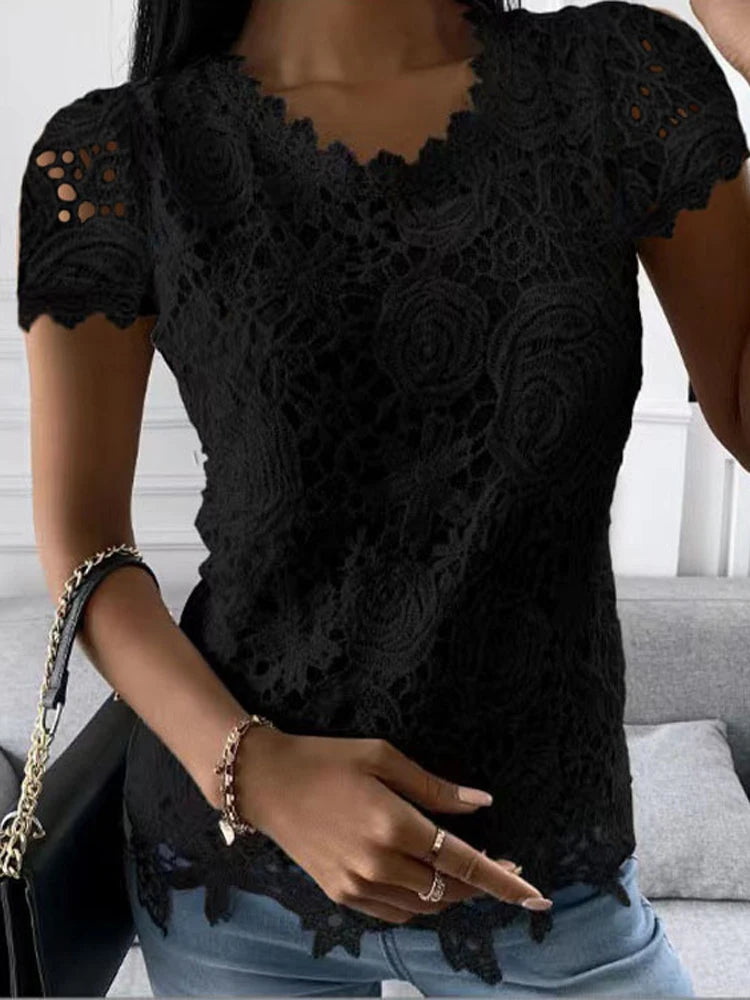 Lace V-Neck Blouse – Short Sleeve Patchwork Summer Top