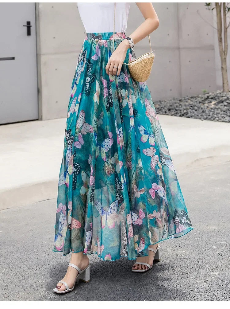 Elegant Pleated Chiffon Floral Beach Skirt for Women