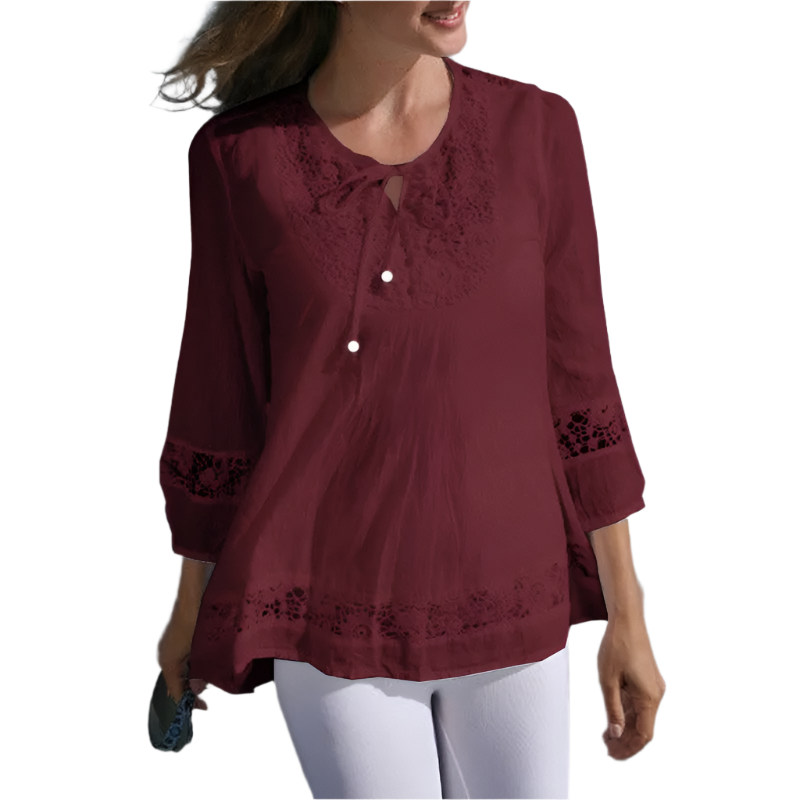 Cotton Linen Lace Splice Top – Women’s 3/4 Sleeve Casual Tunic