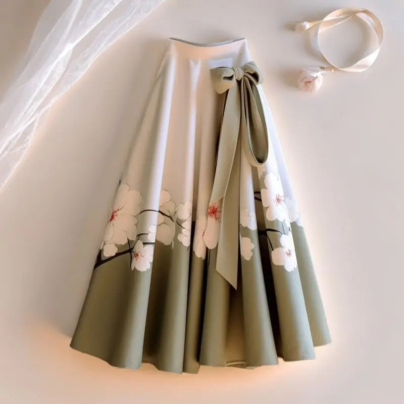 Large White Cherry Blossom Flower & Sage Colored Mid Length Spring Skirt