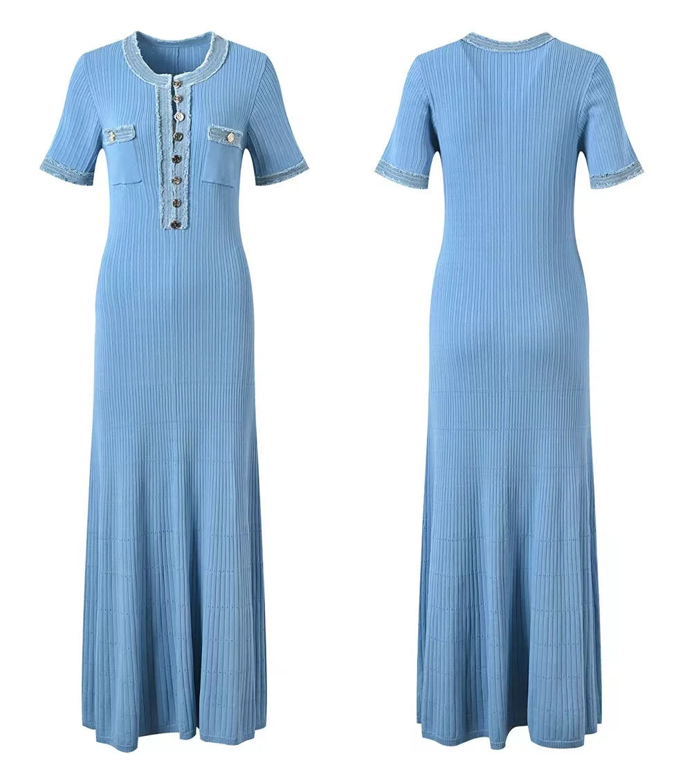 Chic Knit Maxi Dress With O Neck And Button Detailing