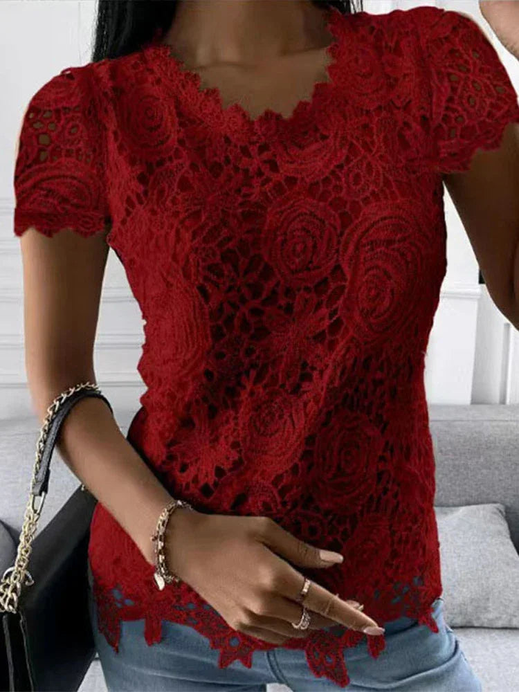 Lace V-Neck Blouse – Short Sleeve Patchwork Summer Top