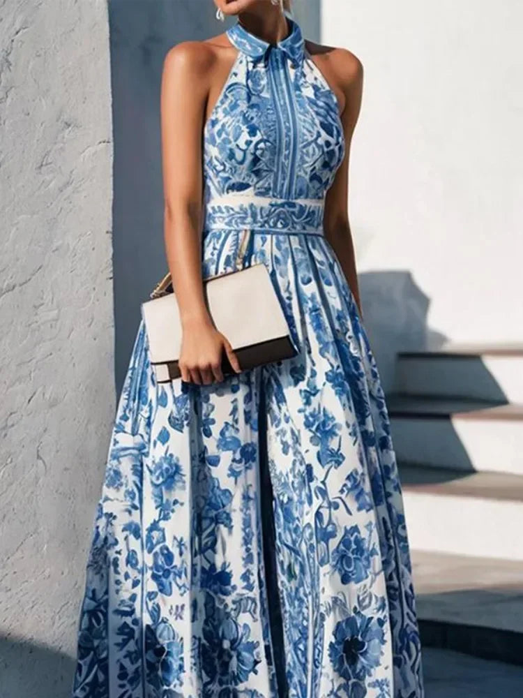 Vintage Blue Floral Lapel Dress – Elegant Sleeveless A-Line Summer Dress