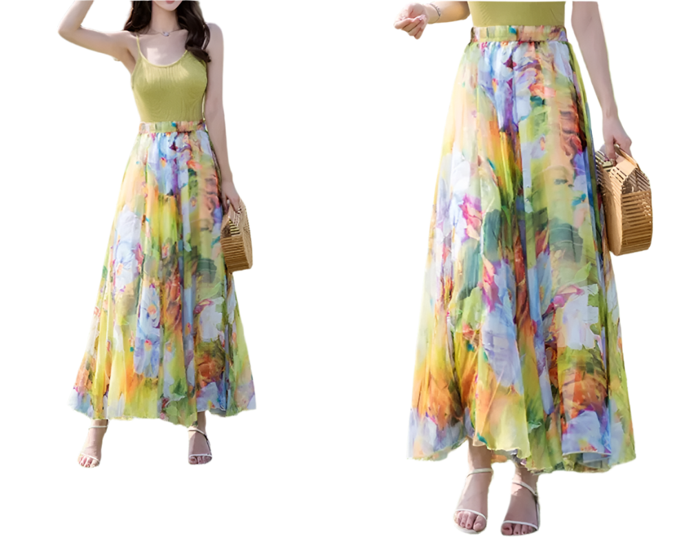 Elegant Pleated Chiffon Floral Beach Skirt for Women
