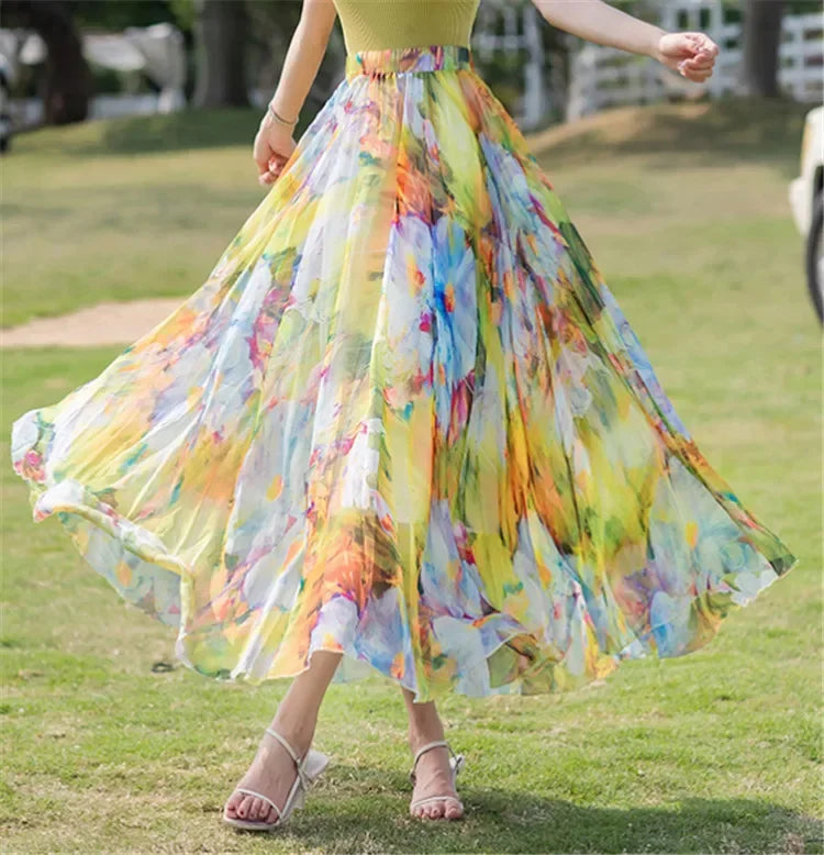 Elegant Pleated Chiffon Floral Beach Skirt for Women