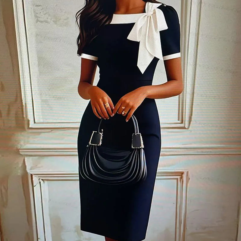 Bowknot Patchwork Short Sleeve Dress For Office And Party