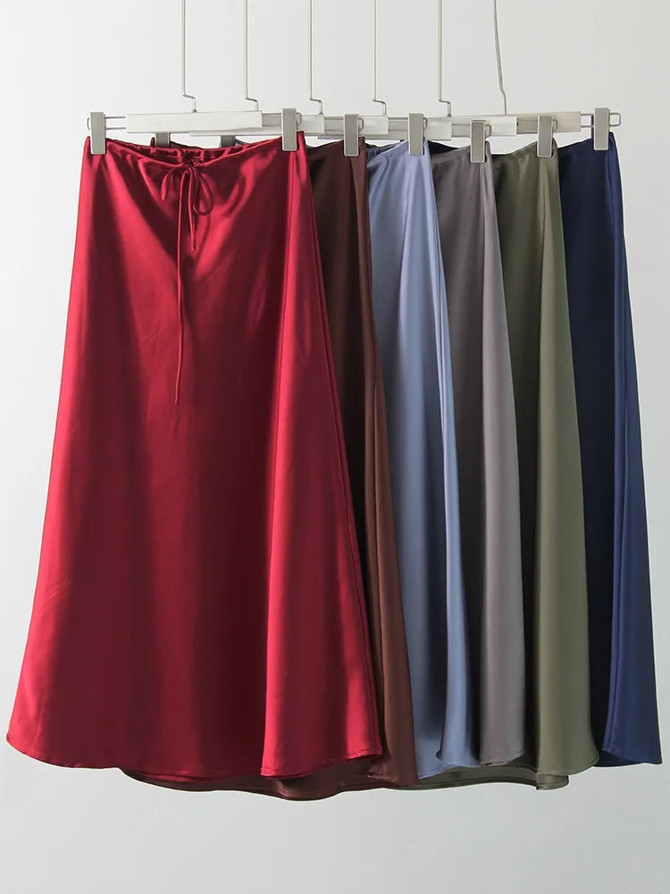 Spring Summer Straight Maxi Satin Silk Skirts