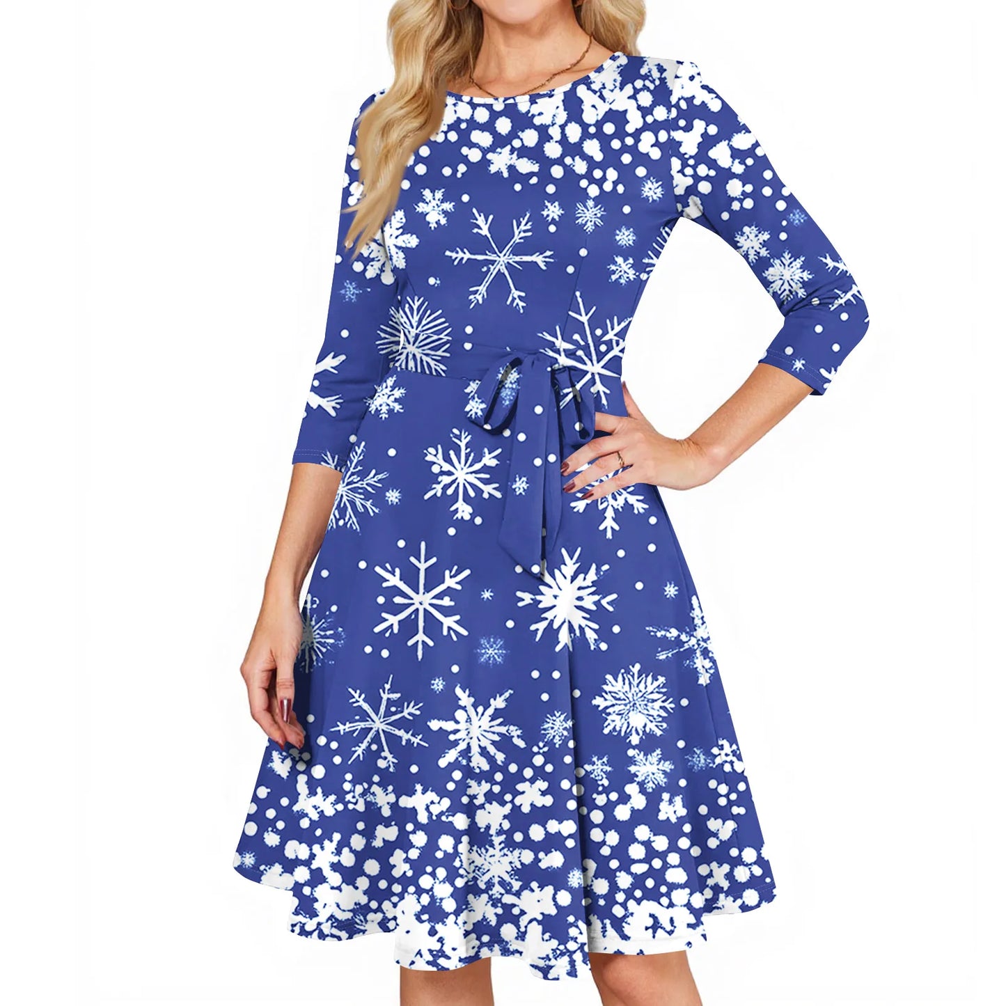 Women's A Line O Neck Polyester Dress Christmas Print Slim