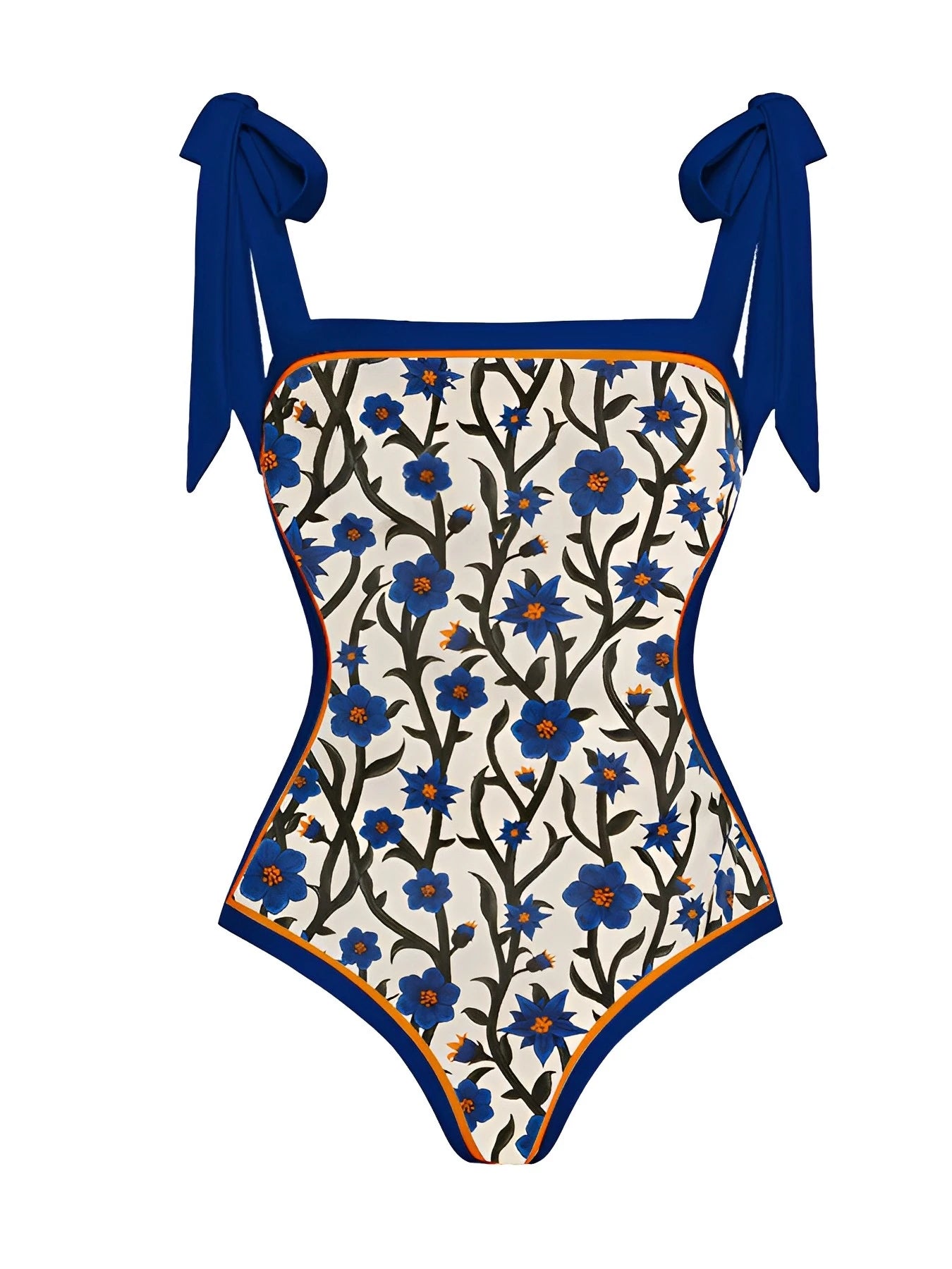 One-Piece Blue Flower Vine Swimsuit & Sarong Beachwear Set
