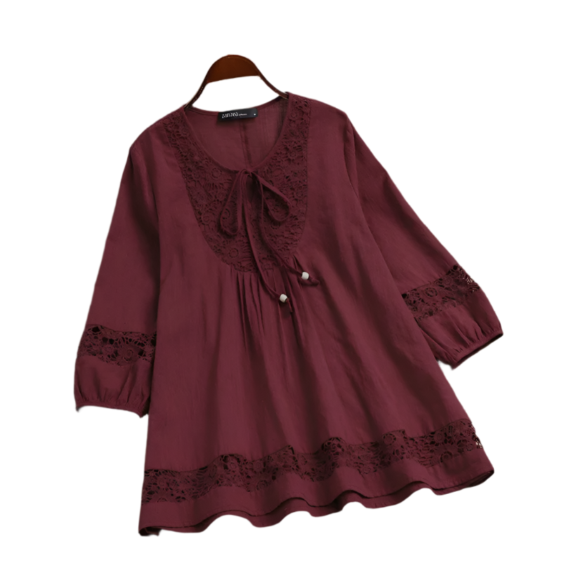Cotton Linen Lace Splice Top – Women’s 3/4 Sleeve Casual Tunic