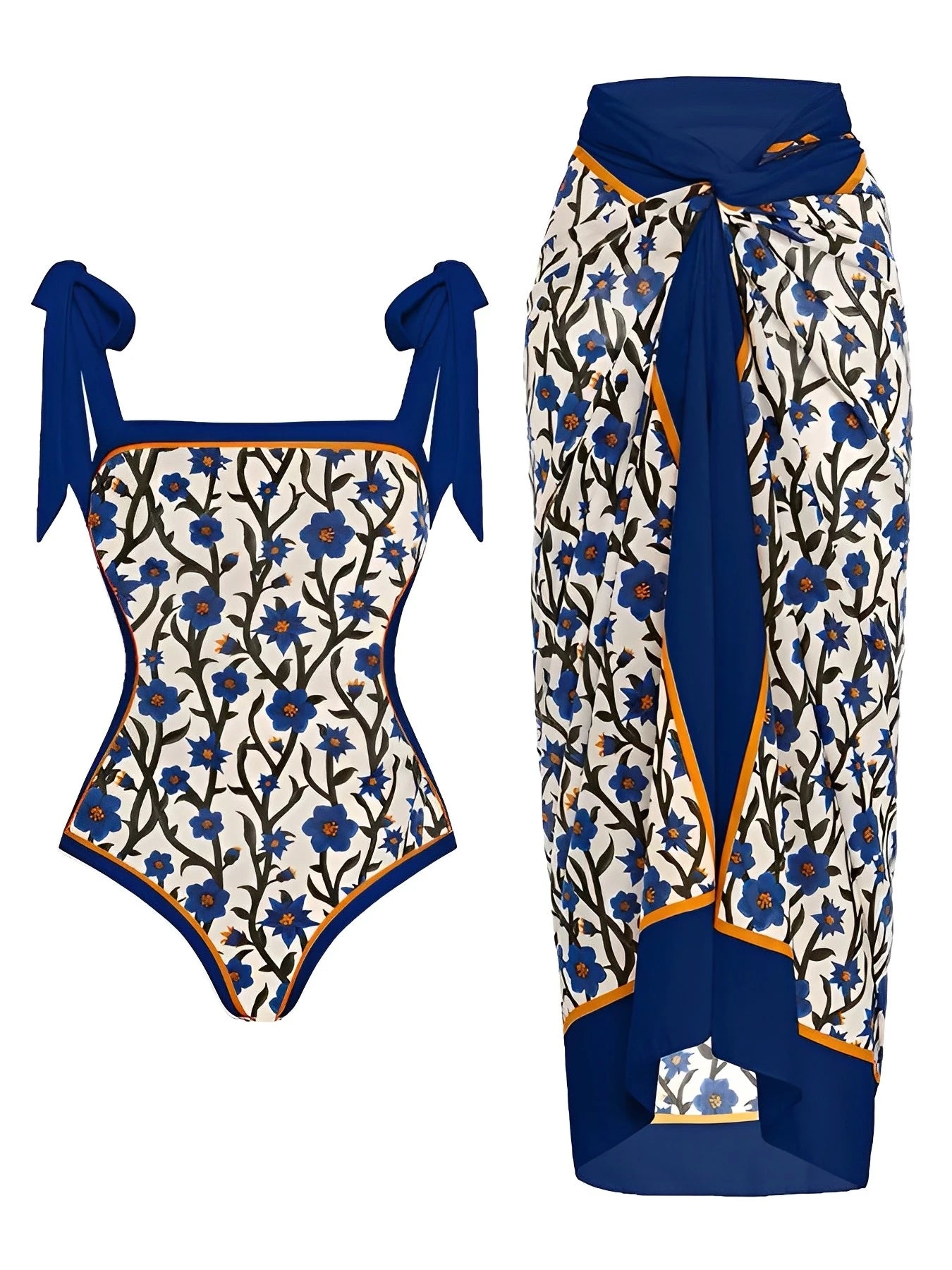 One-Piece Blue Flower Vine Swimsuit & Sarong Beachwear Set