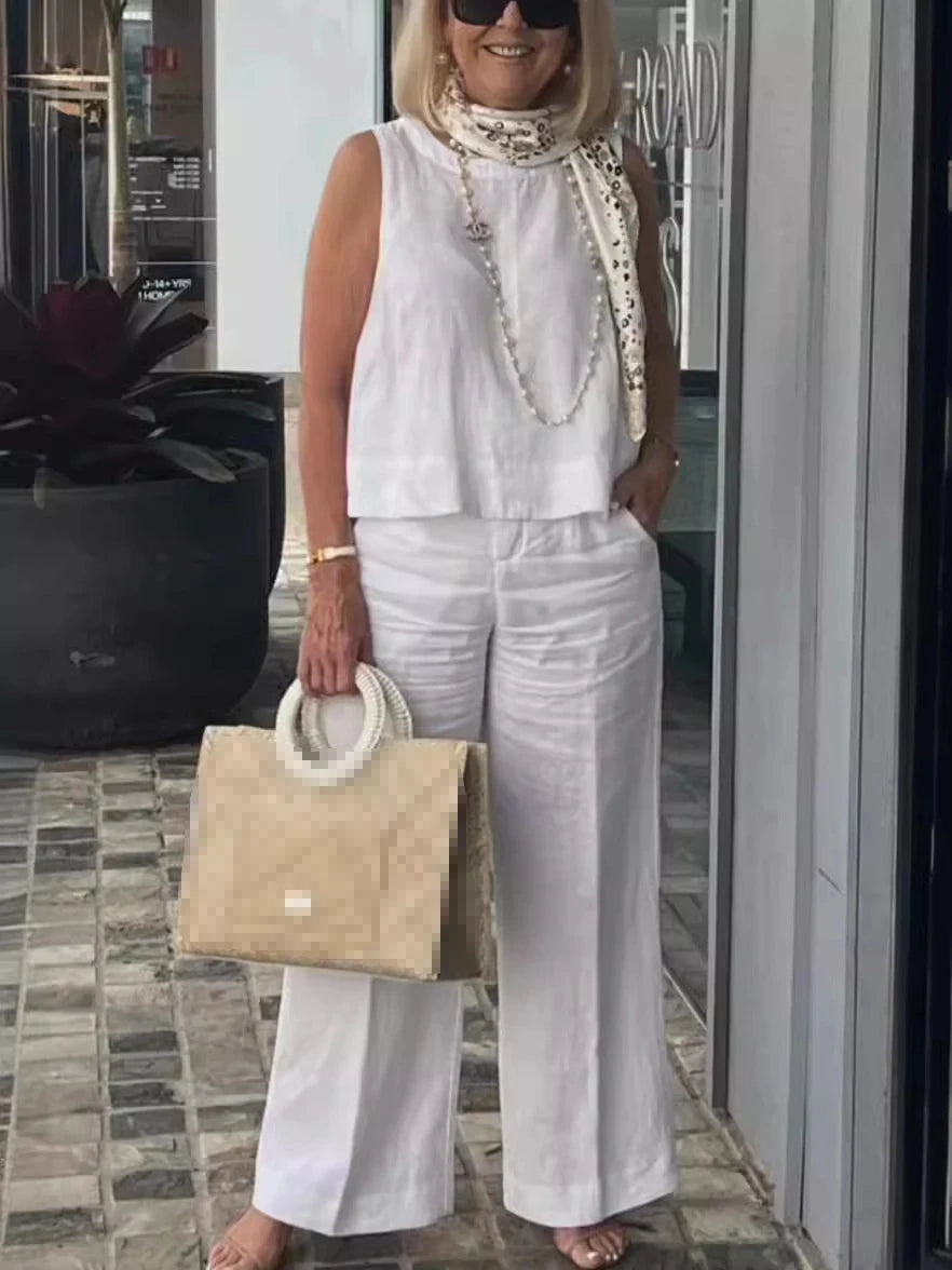 Women’s Summer 2-Piece Sleeveless Wide Leg Linen Set