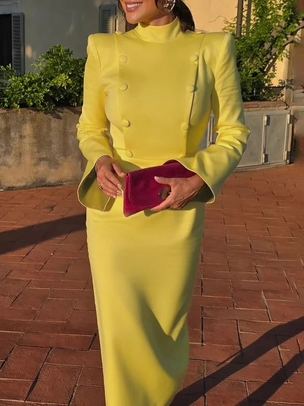Stand Collar Formal Office Midi Dress With Flared Sleeves