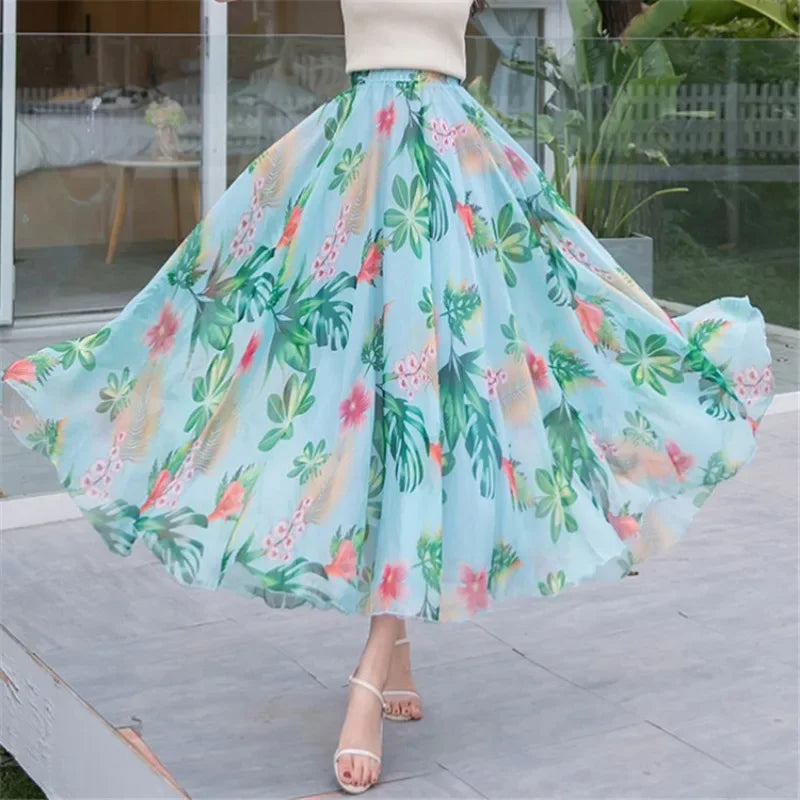 Elegant Pleated Chiffon Floral Beach Skirt for Women