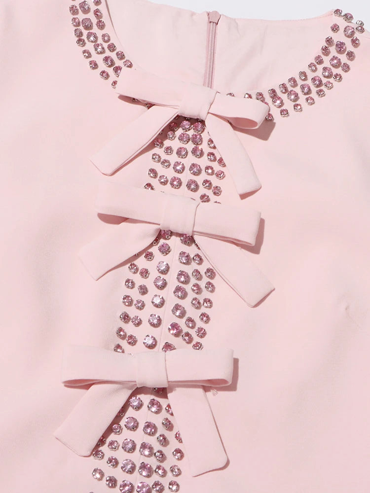 Patchwork Diamond Dress With Bowknot For Women High Waist
