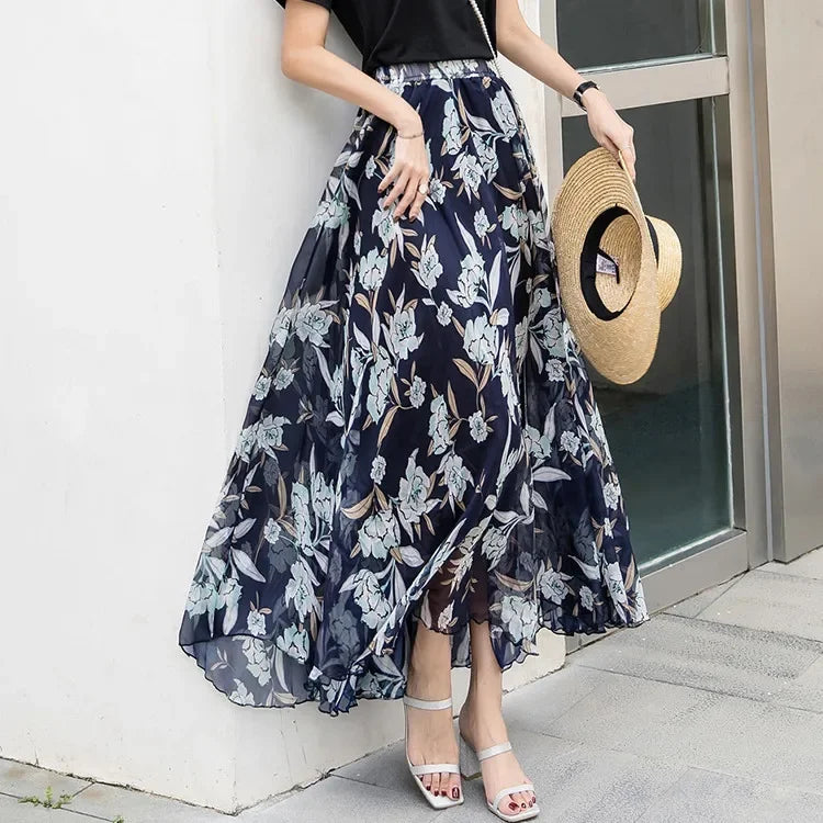 Elegant Pleated Chiffon Floral Beach Skirt for Women