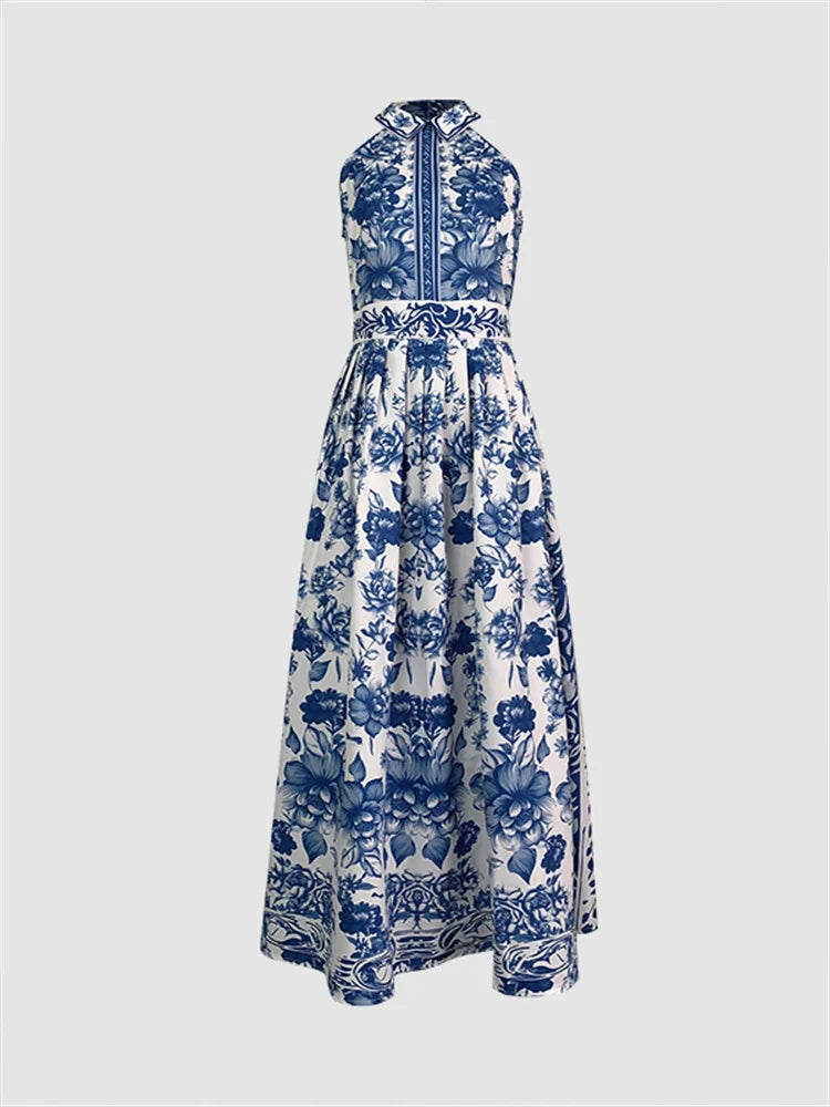 Vintage Blue Floral Lapel Dress – Elegant Sleeveless A-Line Summer Dress