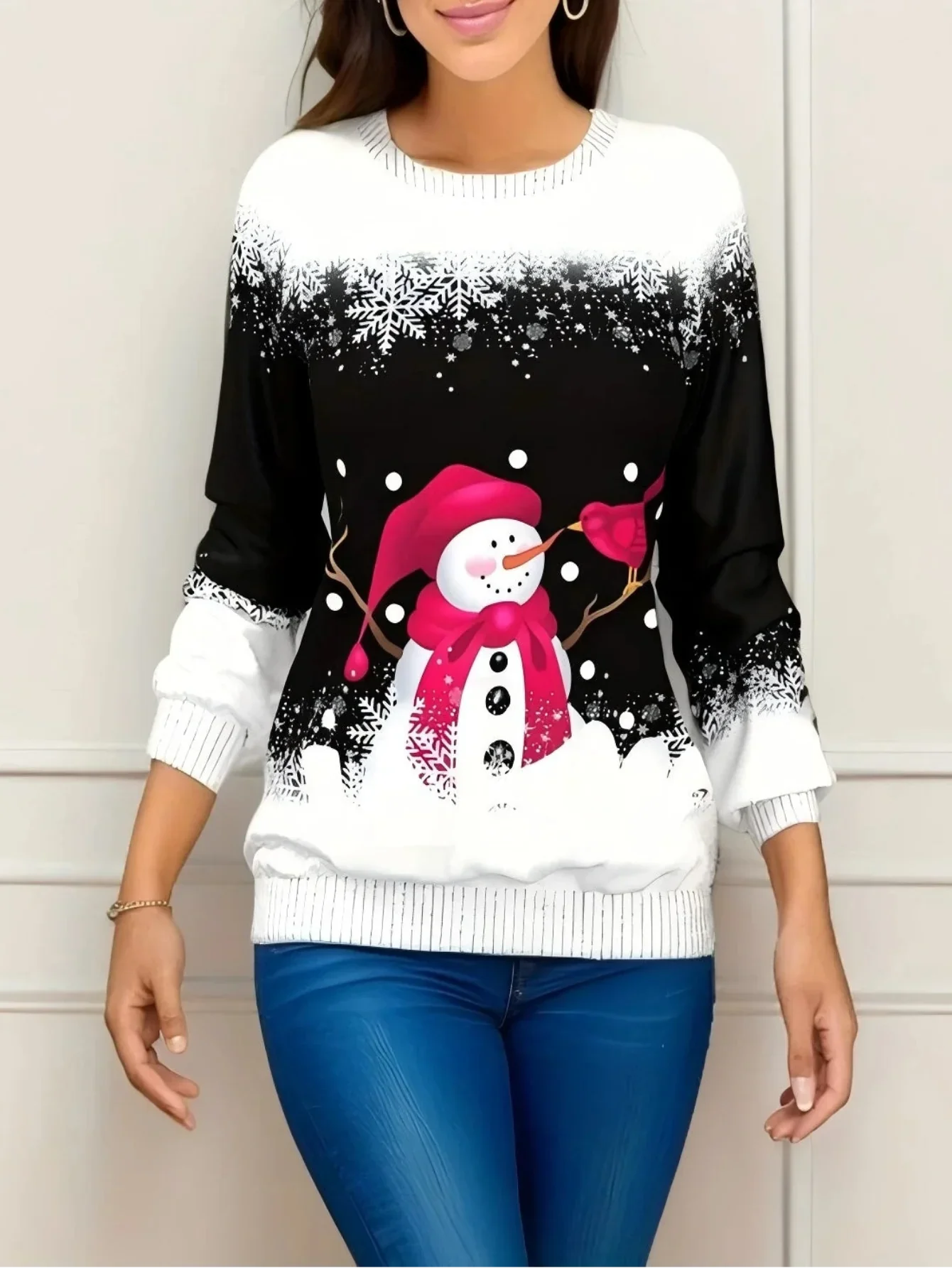 Christmas Snowman & Cardinal Red Bird Print Sweatshirt