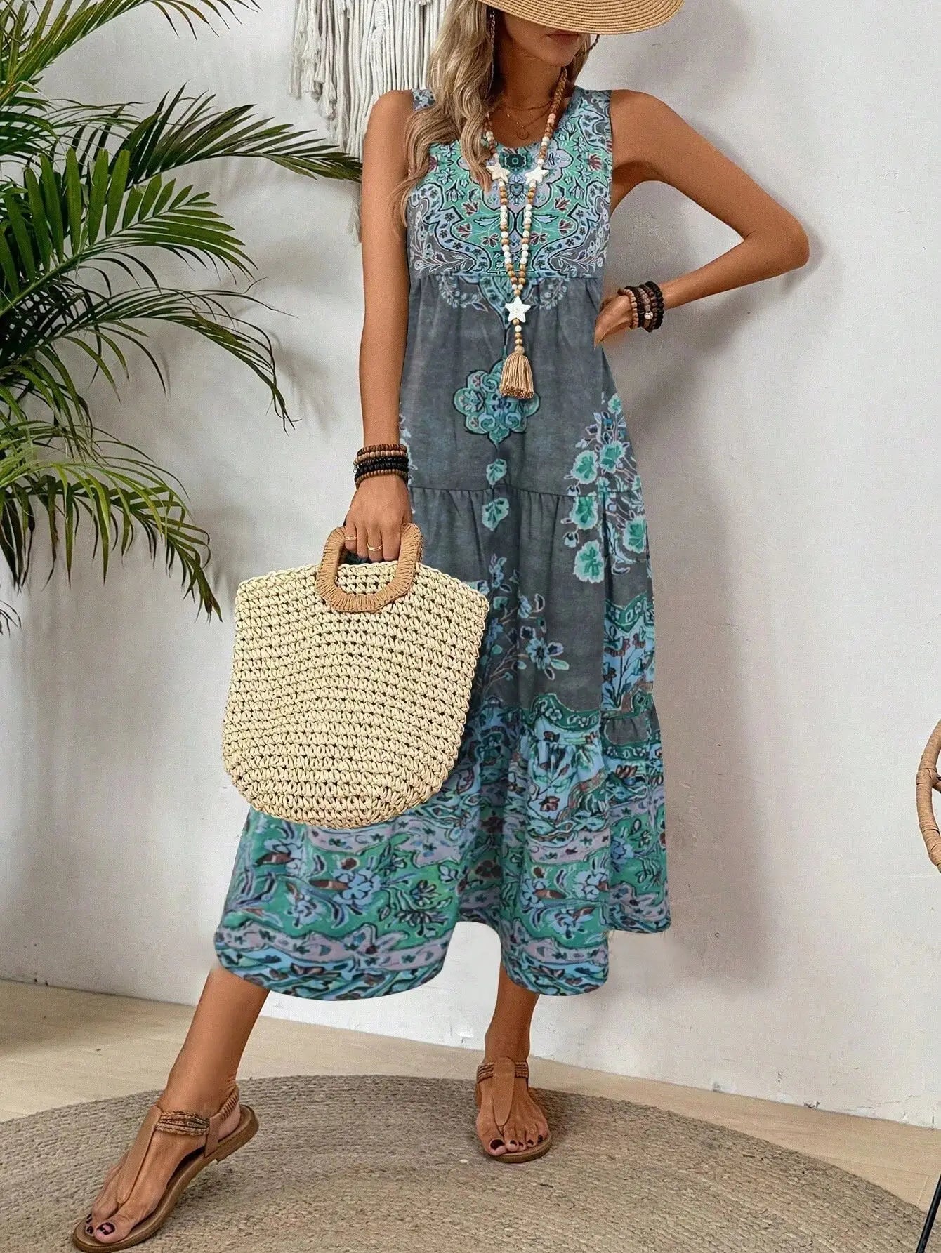 Women Vintage Print Sleeveless Dress - Loose A Line Comfort