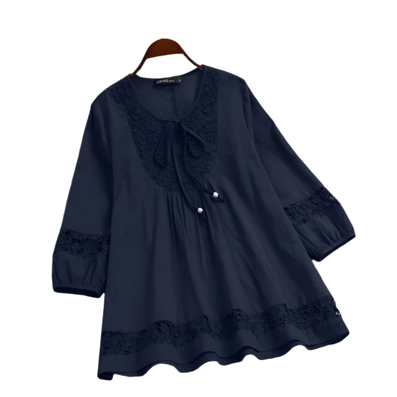 Cotton Linen Lace Splice Top – Women’s 3/4 Sleeve Casual Tunic