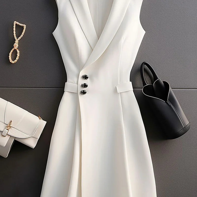 Tailored Sleeveless V Neck Coat Dress For Women Knee Length