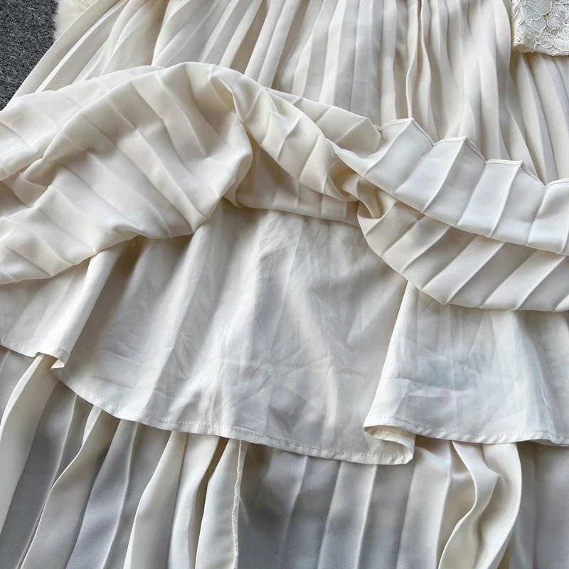 Elegant Lace Patchwork Belted Midi Dress For Party Wear