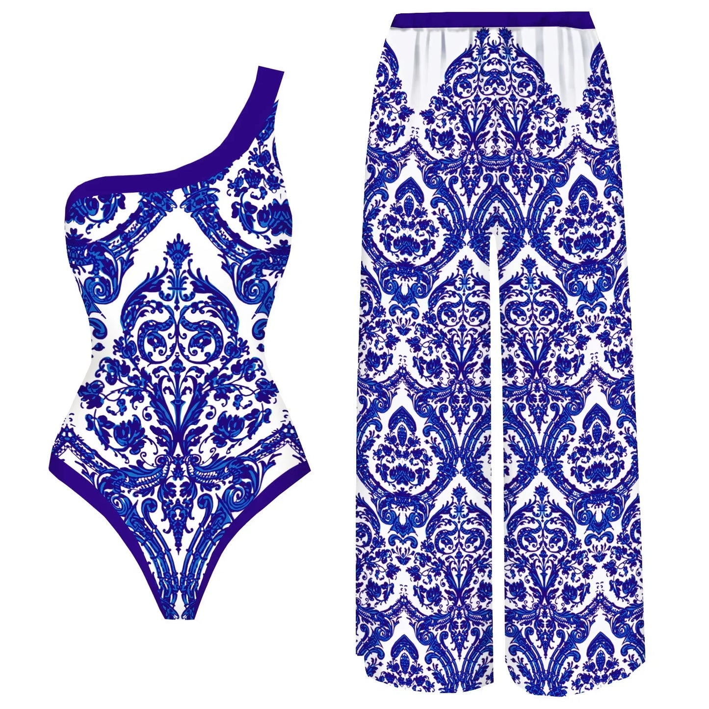Blue & White Mosaic Push-Up 3-Piece Swim Set with Beach Skirt & Pants