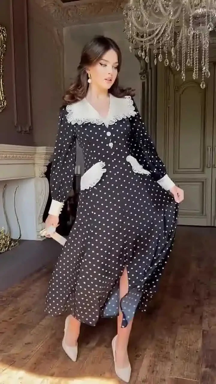 Slim Print Womens Dress With Doll Collar For Office Midi