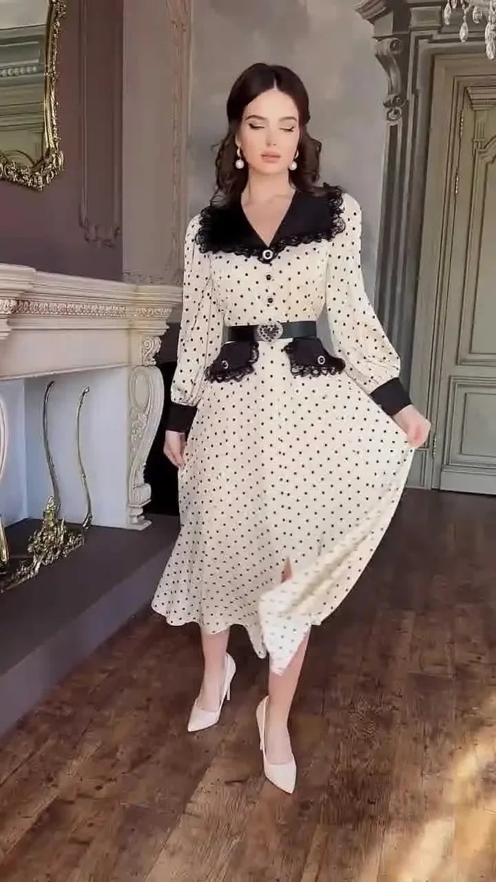 Slim Print Womens Dress With Doll Collar For Office Midi