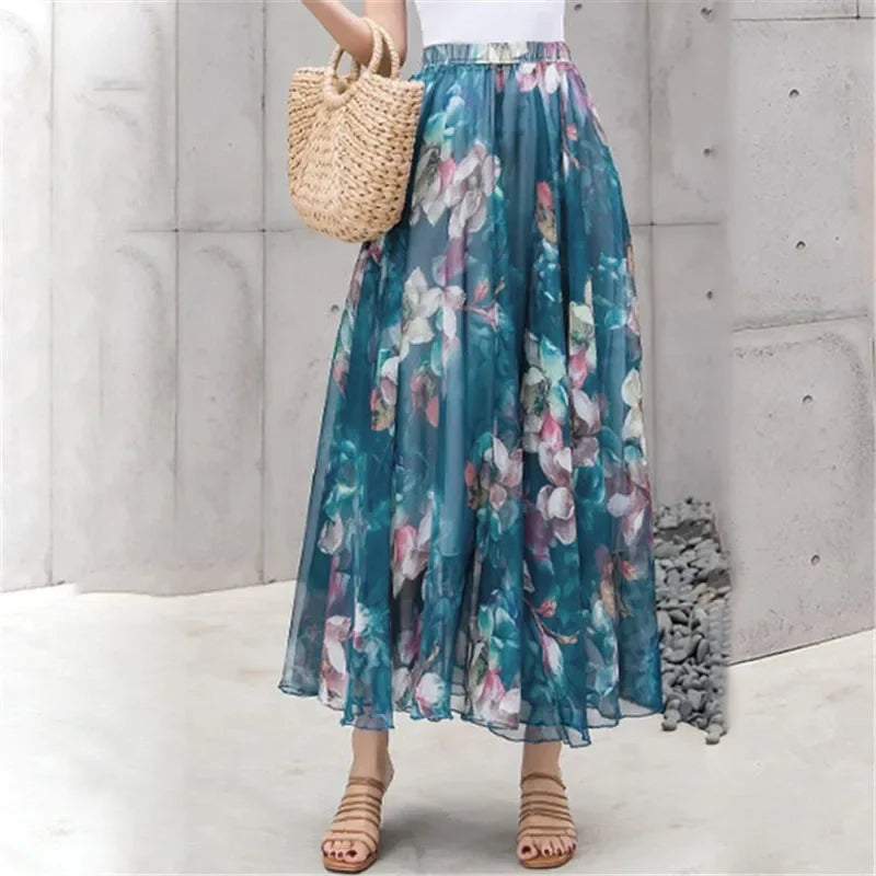 Elegant Pleated Chiffon Floral Beach Skirt for Women