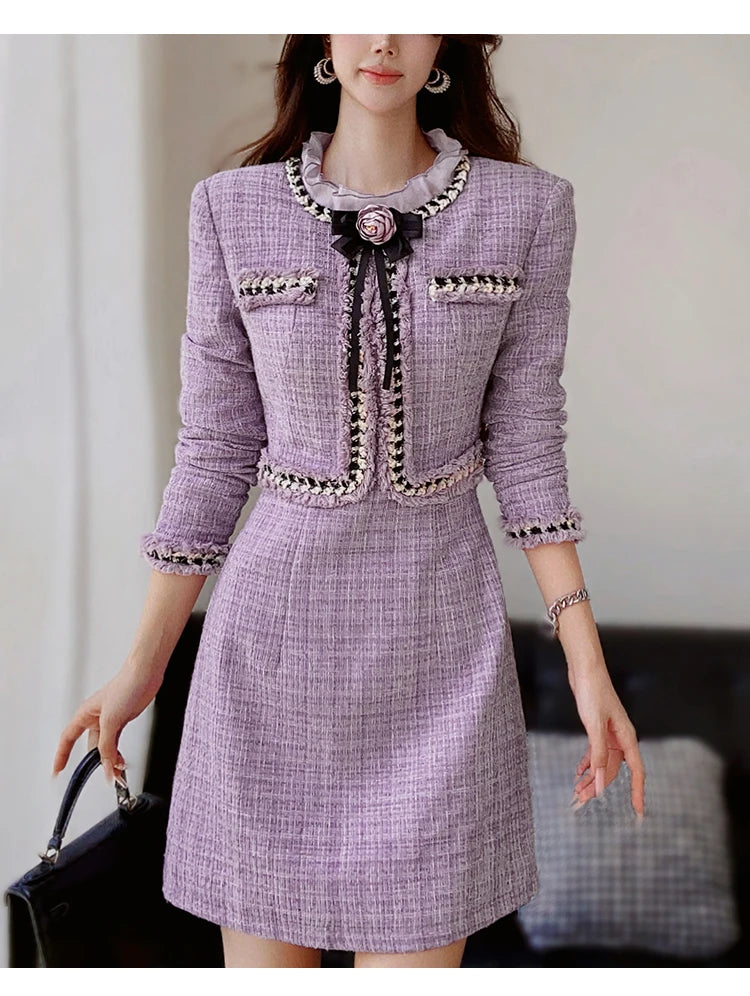 Elegant Purple Fungus Collar Slim Dress With Long Sleeves