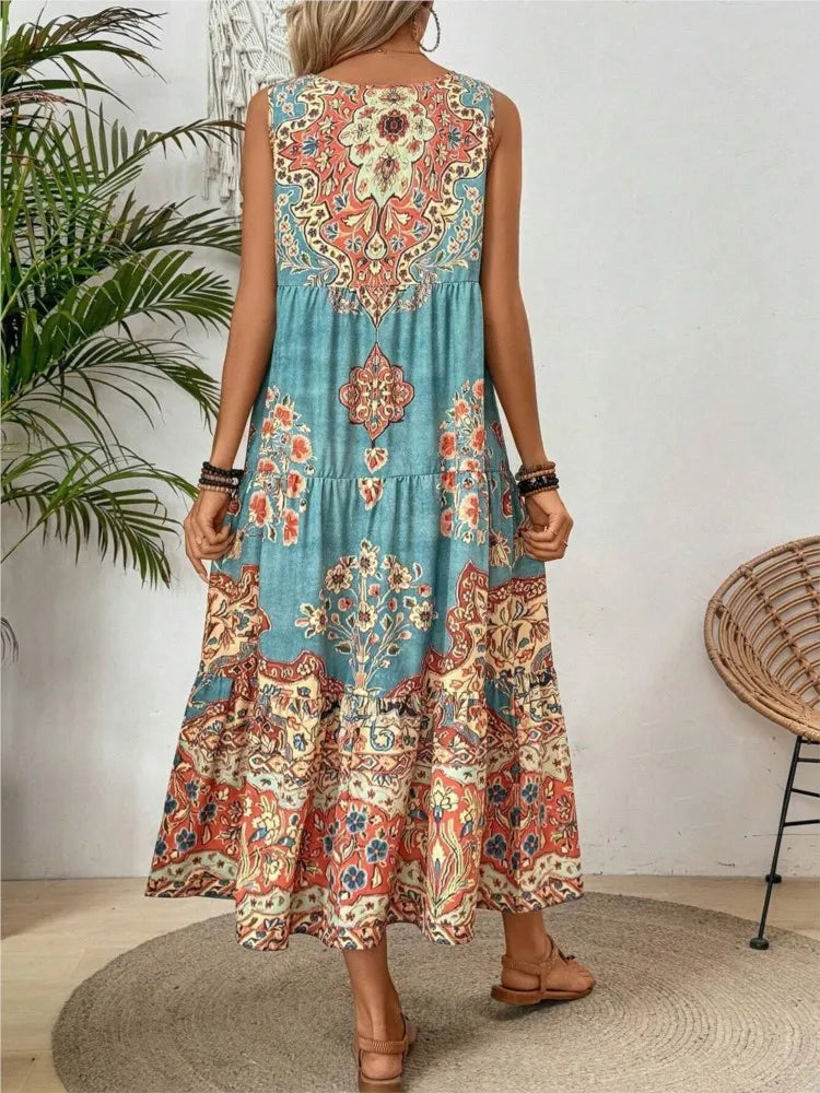 Women Vintage Print Sleeveless Dress - Loose A Line Comfort