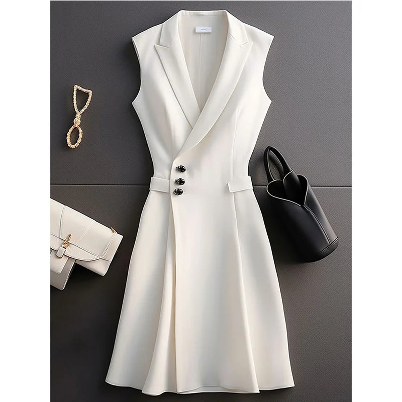 Tailored Sleeveless V Neck Coat Dress For Women Knee Length