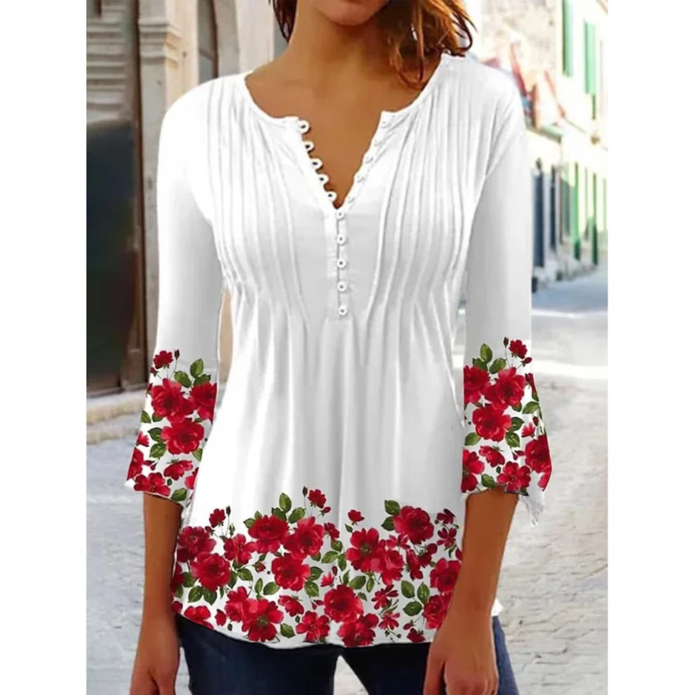Women’s Floral V-Neck Summer Shirt – Casual Streetwear Top
