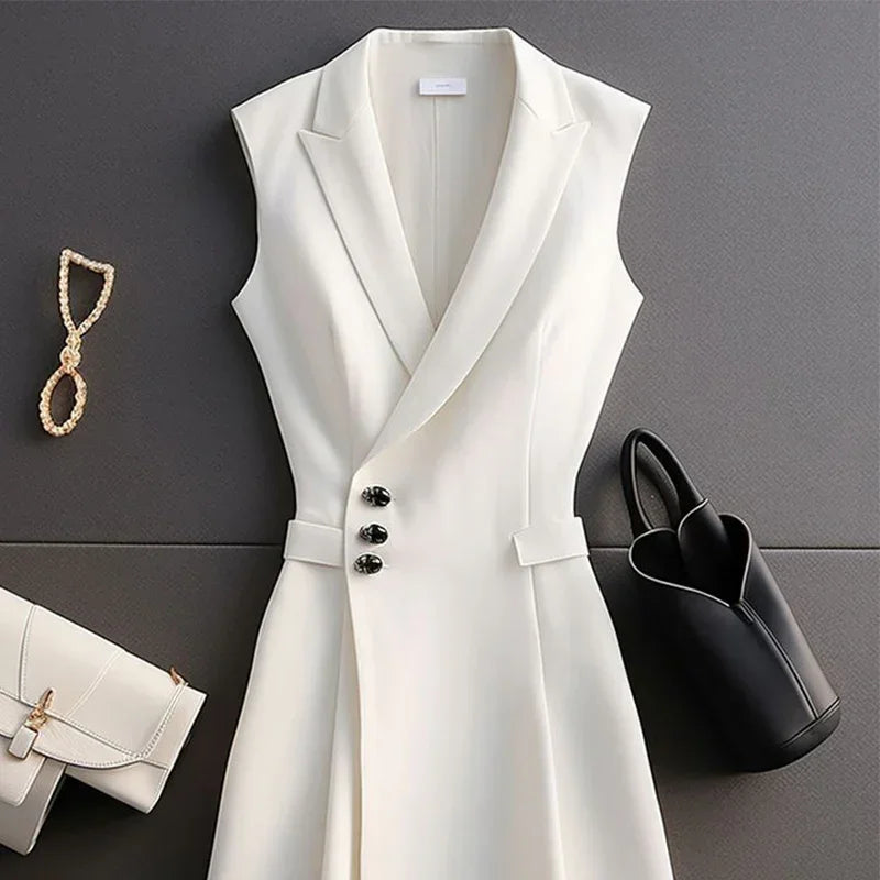 Tailored Sleeveless V Neck Coat Dress For Women Knee Length