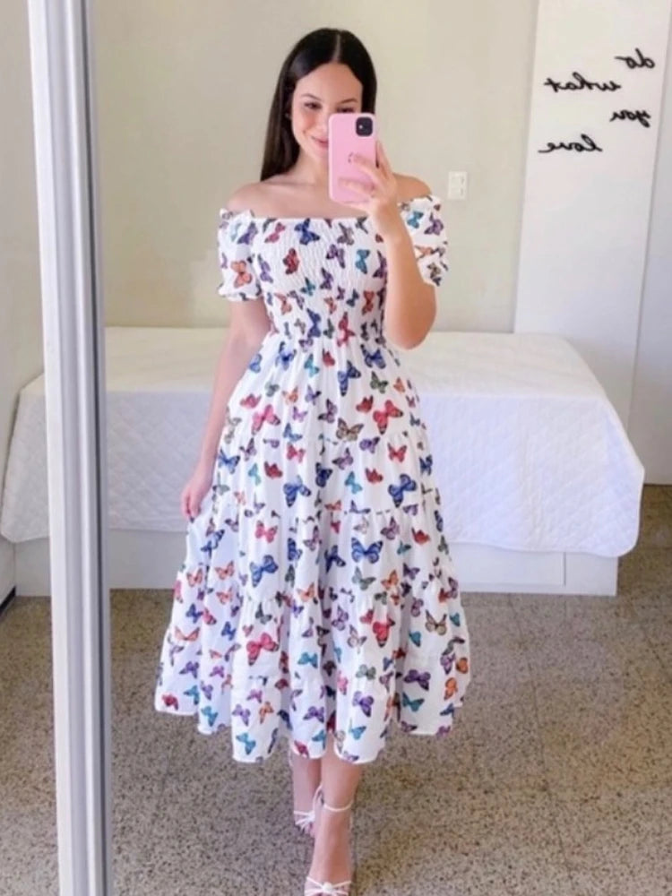 Summer Floral Off Shoulder Dress - Loose Fit Beachwear