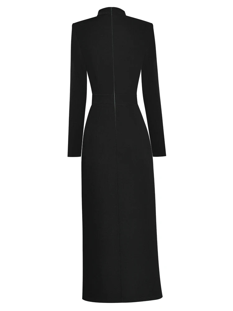 Autumn Runway Midi Dress Stand Neckline Long Sleeve XXL