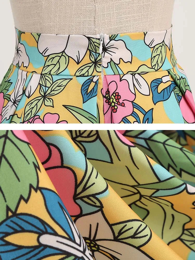1950s Floral Print High Waist Pleated Midi Skirt