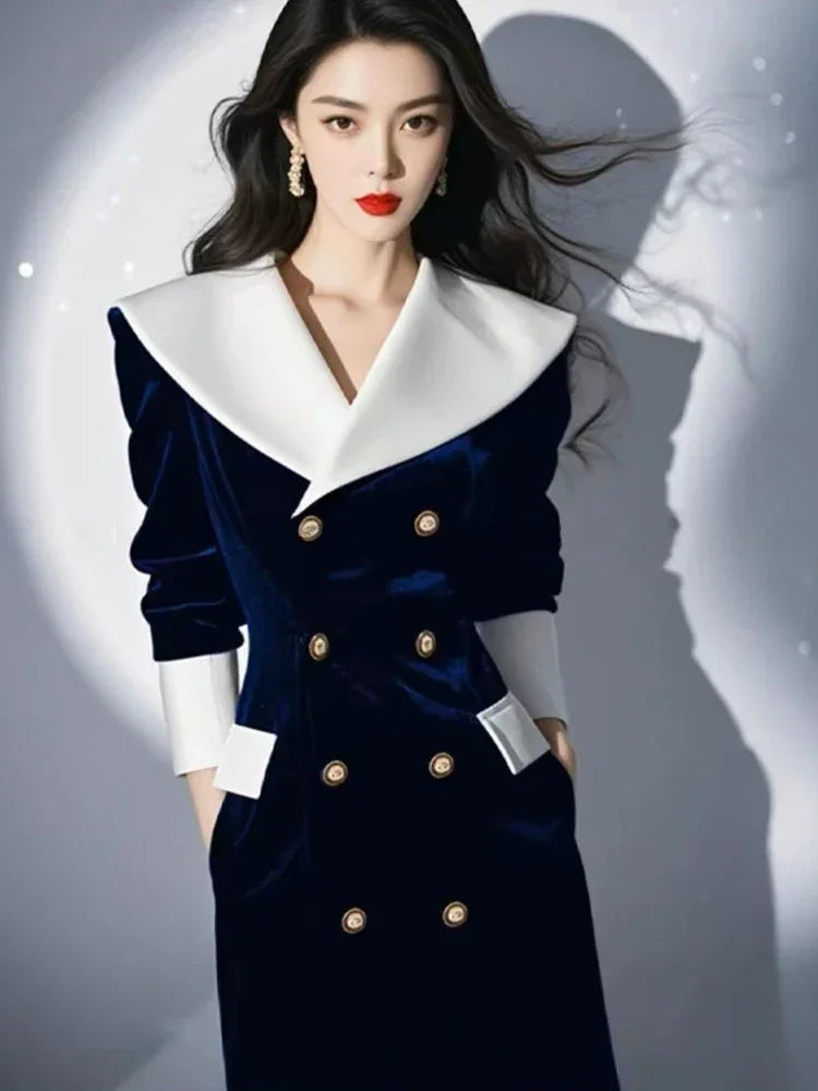 Vintage Velvet Patchwork Maxi Dress Double Breasted