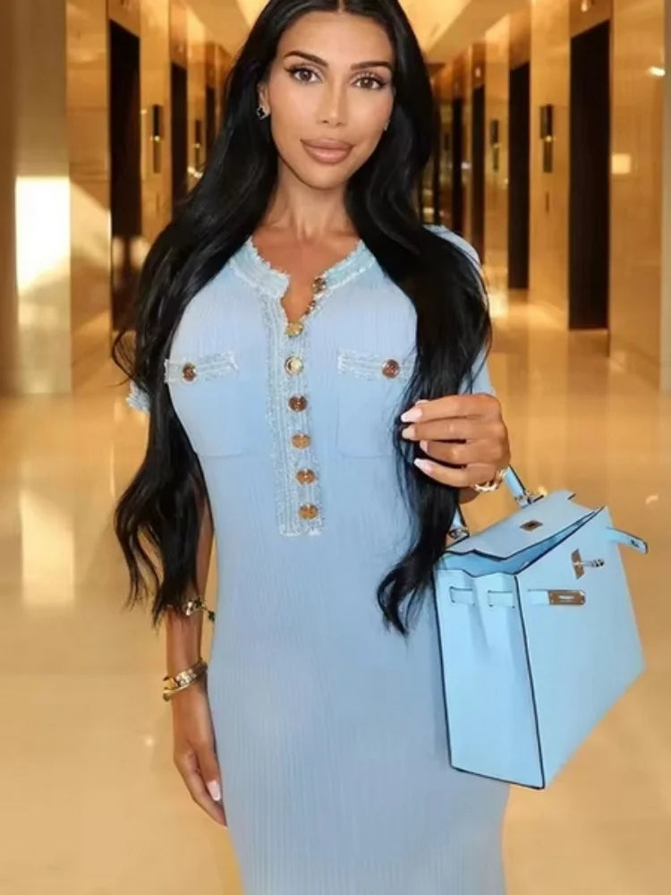 Chic Knit Maxi Dress With O Neck And Button Detailing