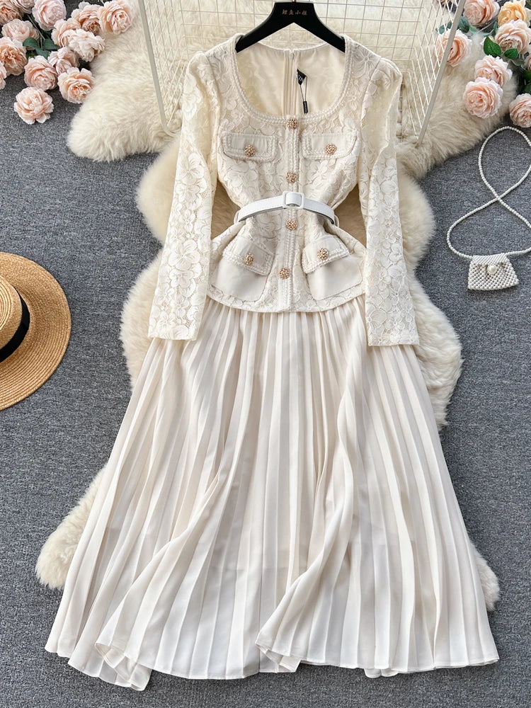 Elegant Lace Patchwork Belted Midi Dress For Party Wear
