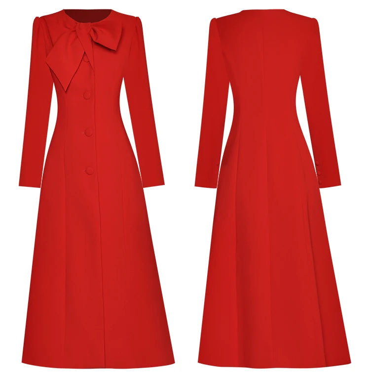 Red Winter Dress With Bow O Neck Long Sleeve Slim Fit