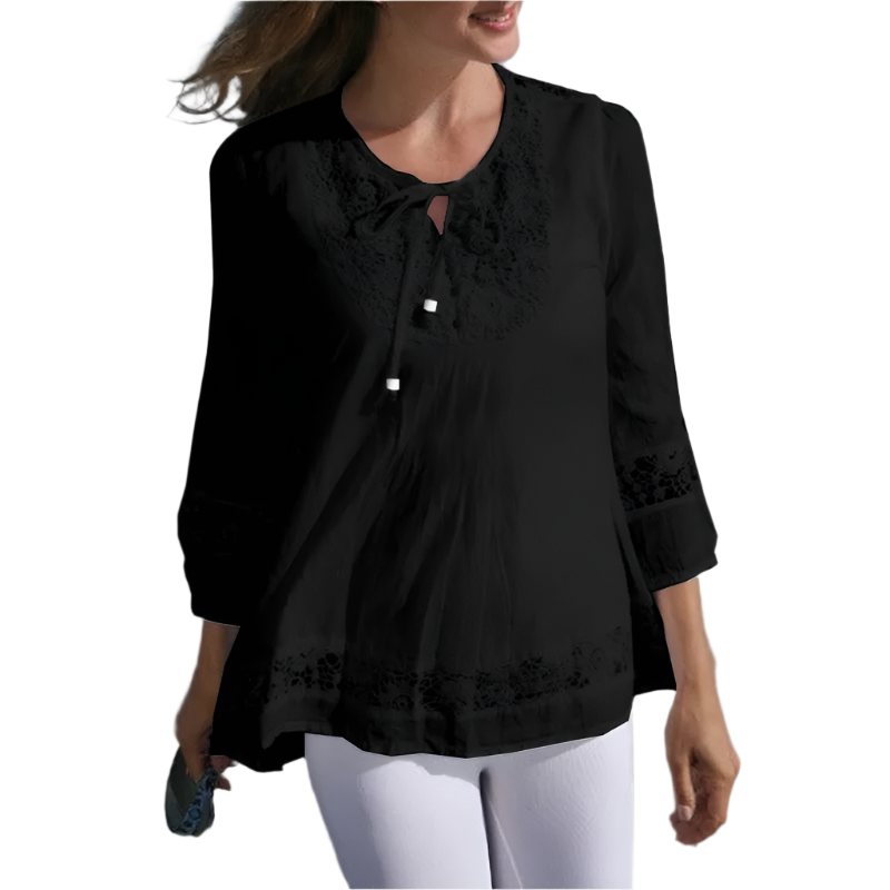 Cotton Linen Lace Splice Top – Women’s 3/4 Sleeve Casual Tunic