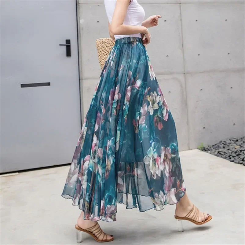 Elegant Pleated Chiffon Floral Beach Skirt for Women