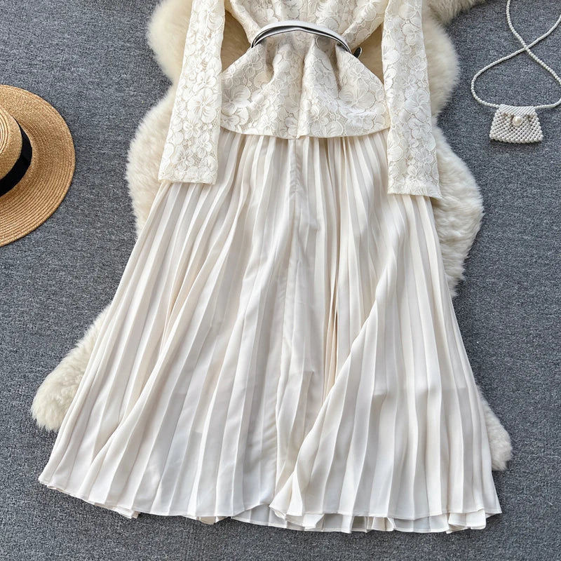 Elegant Lace Patchwork Belted Midi Dress For Party Wear