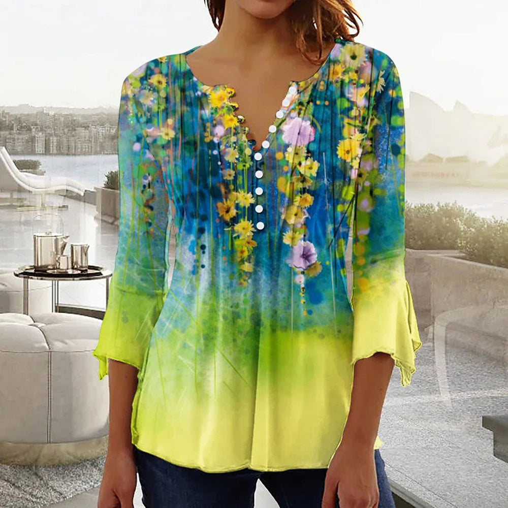 Women’s Floral V-Neck Summer Shirt – Casual Streetwear Top