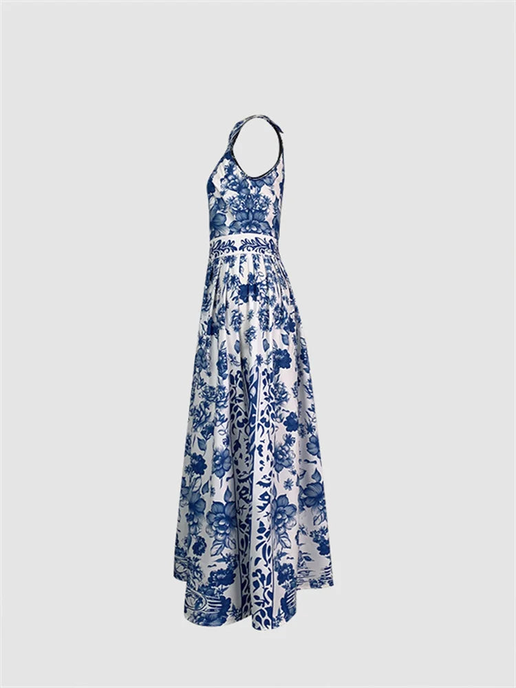 Vintage Blue Floral Lapel Dress – Elegant Sleeveless A-Line Summer Dress
